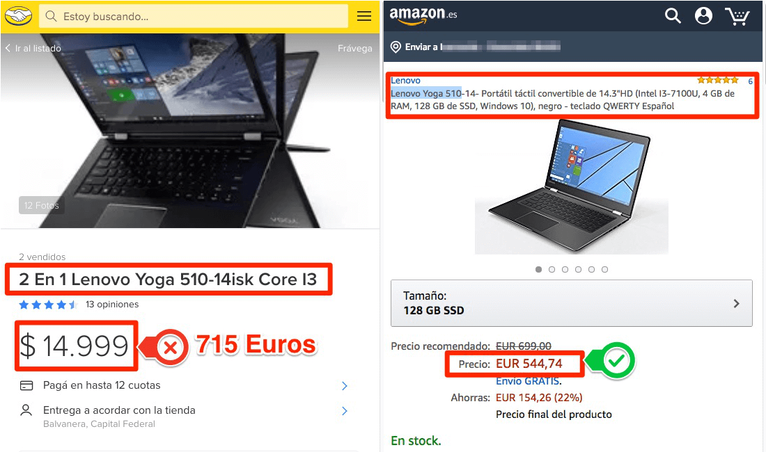 Comparacion de Lenovo - Mercadolibre vs Amazon.es