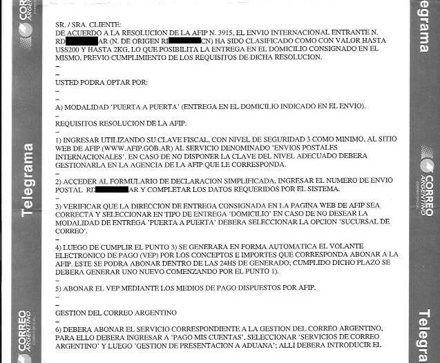 Telegrama ejemplo de correo argentino para el regimen puerta a puerta