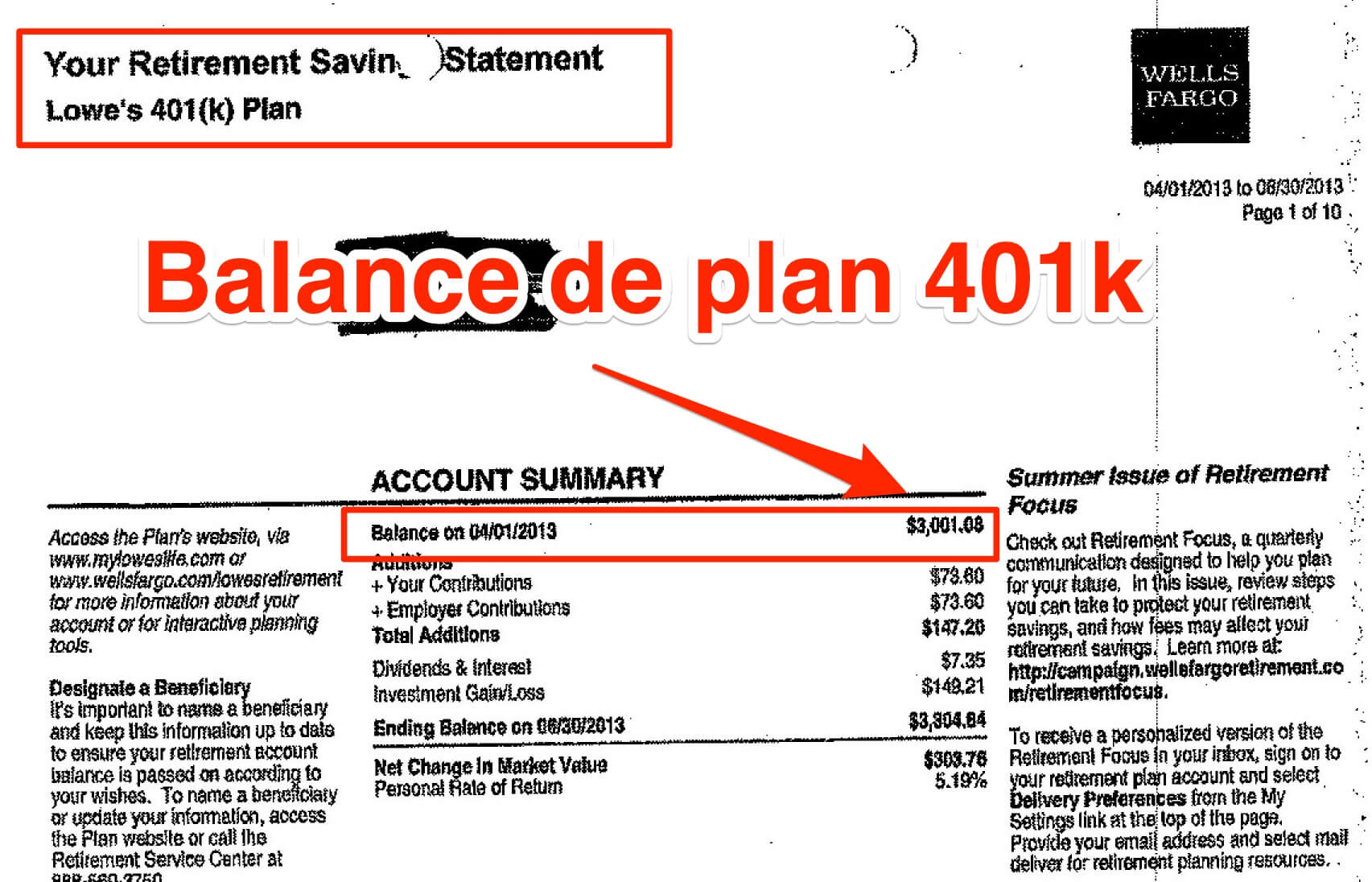 Balance de un plan 401k