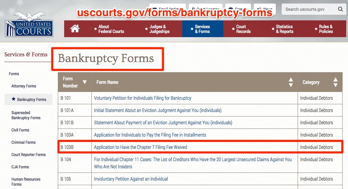 Formularios para bancarrota de US Courts