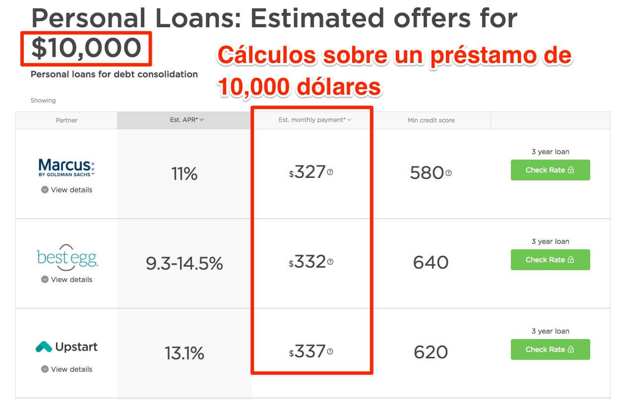Calculo a pagar de prestamos para debt consolidation